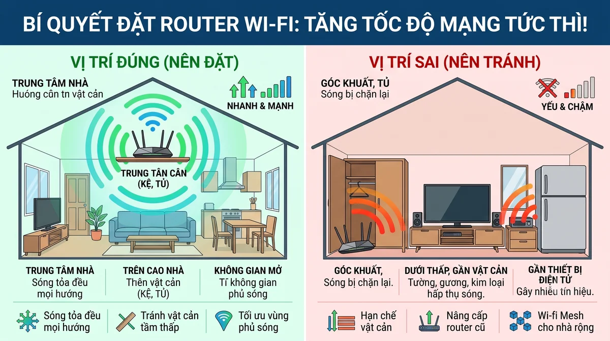 Mẹo đặt router wi-fi đúng vị trí giúp tăng tốc độ mạng