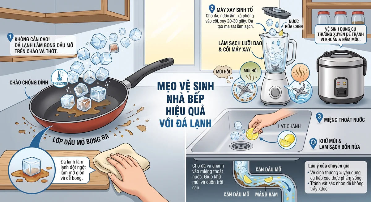 sử dụng đá lạnh làm sạch dụng cụ nhà bếp.webp